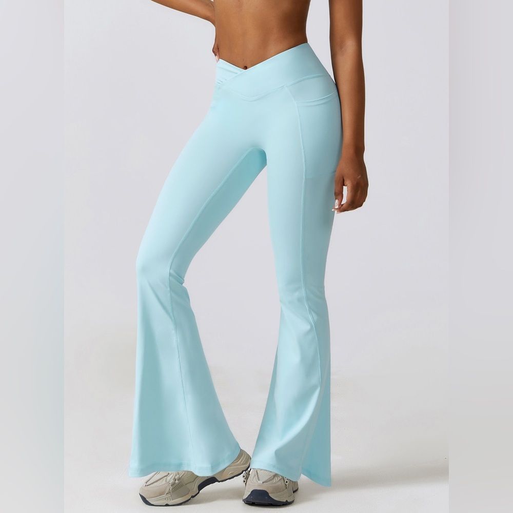 Light Mint Blue Crossover Flare Leg Active Pants with Pockets